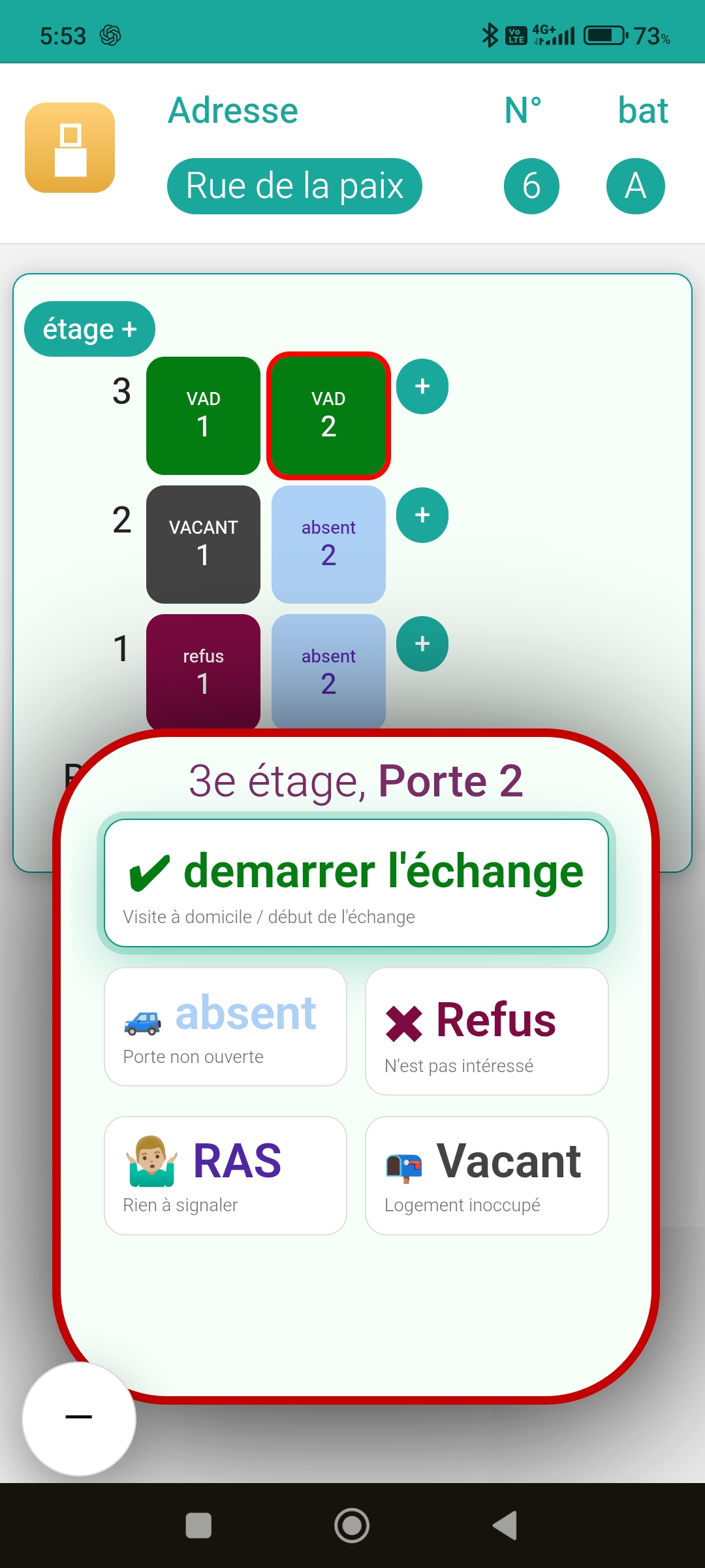 Saisie porte AP’PAP avec statuts VAD, absent, refus, RAS et vacant